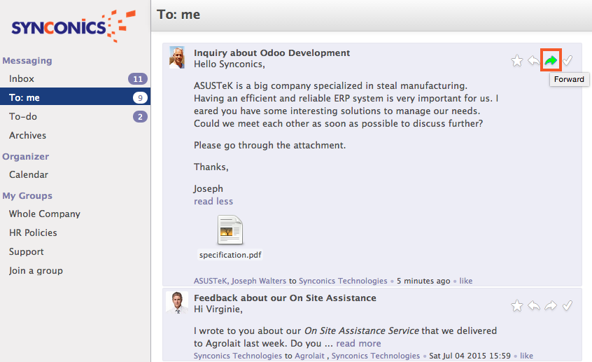 to me inbox in odoo mail