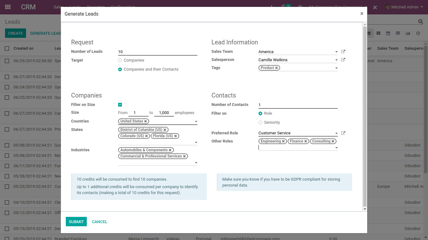 generate leads in odoo