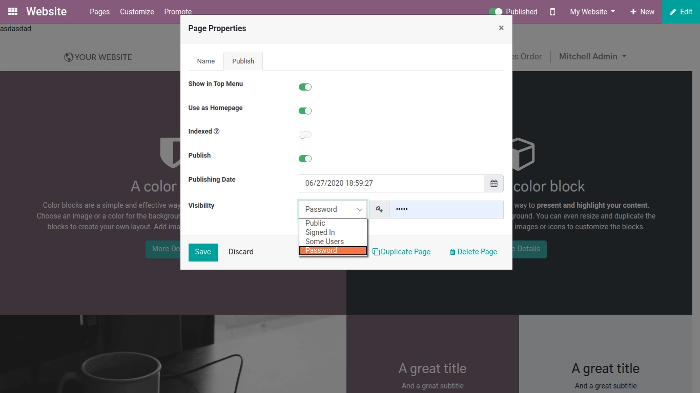 page properties in odoo website