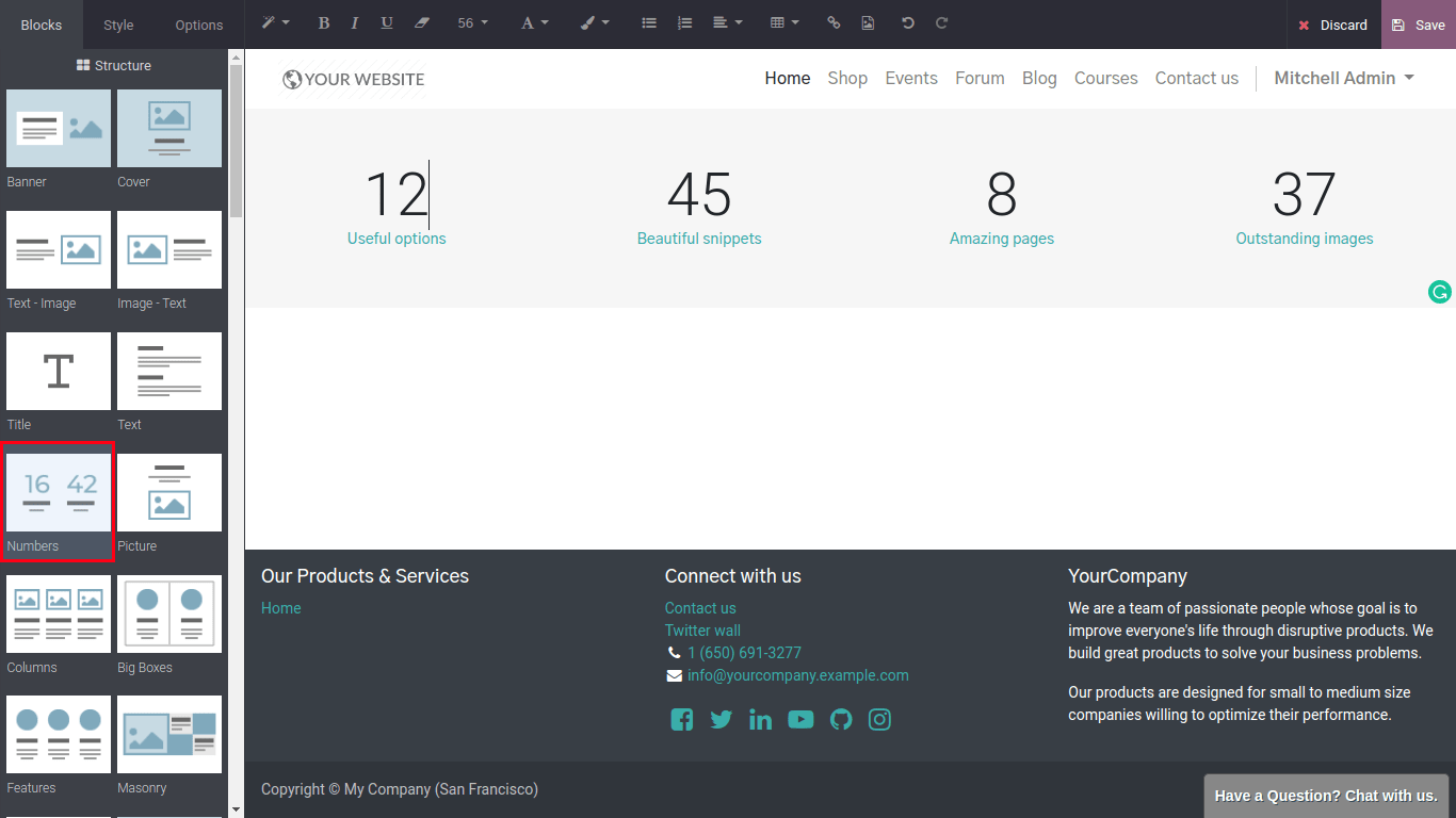 numbber snippet odoo website