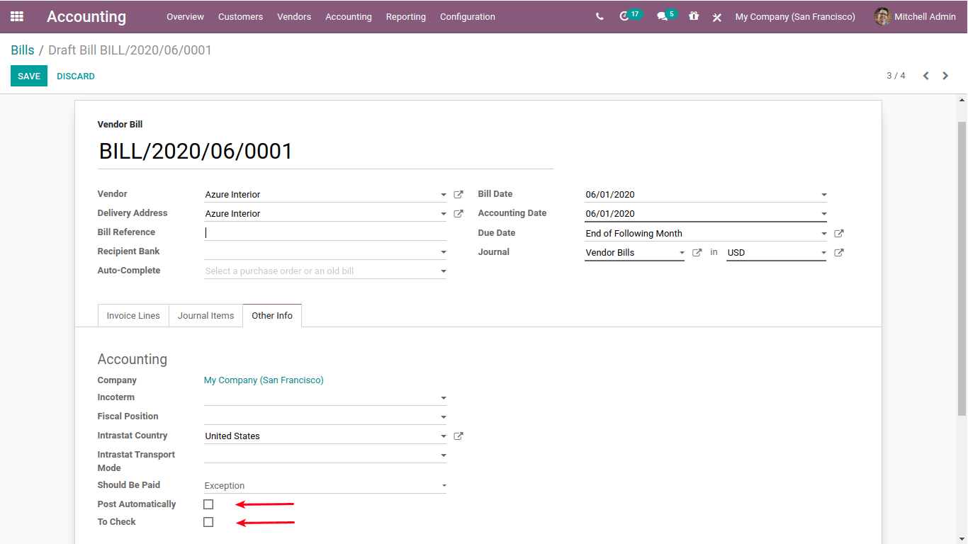 Vendor bil in accounting in odoo 14