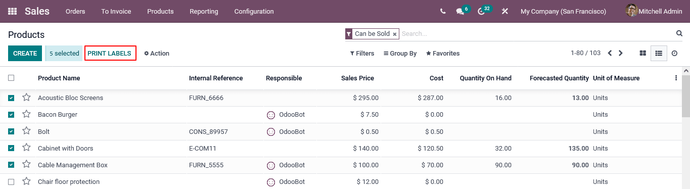 print labels odoo sales